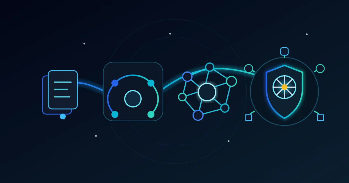 Abstract illustration of enterprise RAG architecture connecting document retrieval, hybrid search, knowledge graphs, and AI agents.